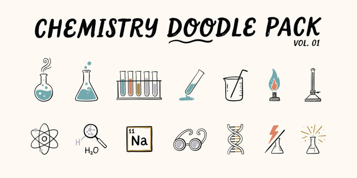 Chemistry laboratory doodle pack featuring beakers, test tubes, flask, burner, atom, dna, molecule, and scientific research equipment