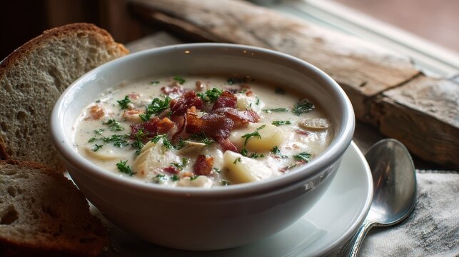 Warm Comfort Food: Thick Creamy Chowder Featuring Clams and Fresh Bread