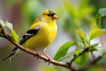 Fototapeta premium Macro-style wildlife photograph of a male American goldfinch showing bright plumage and dark wings