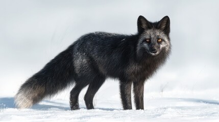 Fototapeta premium Winter portrait of a dark-furred silver fox in a snowy landscape, centered against a white backdrop