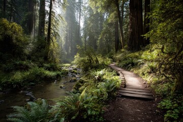 Obraz premium Quiet trail through towering redwoods with sunlit moss and fern understory
