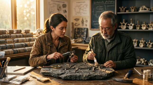 Two paleontologists in field jackets study a cracked fossil slab with calipers, a hand lens, and a sediment brush on a lab table, while layered rock cores and vertebrae casts hint at a revised