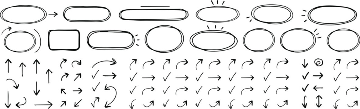 Collection of hand drawn doodle elements including various oval shapes rounded rectangles arrows and checkmarks signifying design and communication concepts