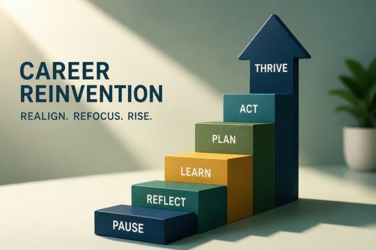 Career reinvention concept with step blocks and growth arrow for business success