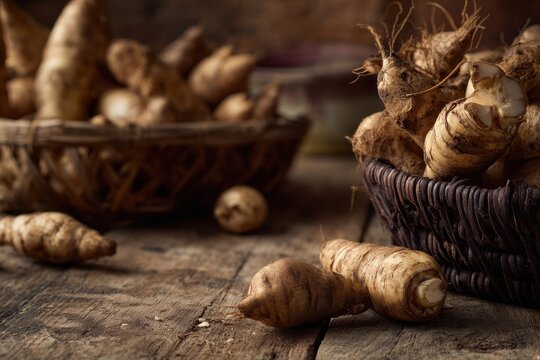 Raw arrowroot tubers arranged for market display, organic produce photography with rustic background