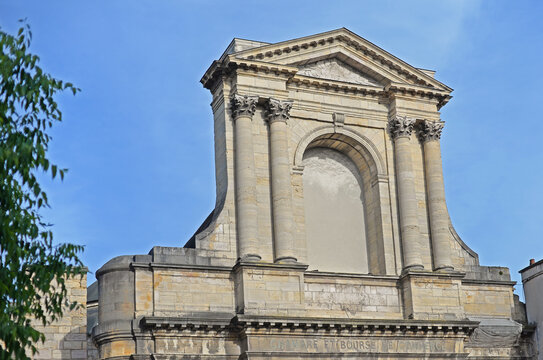 Top gable of the public library Colette, established in the former Saint-Etienne church with Jesuit facade, in the centre of Dijon, France, with blue sky
