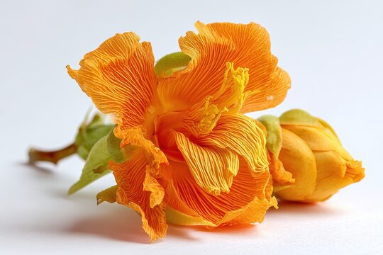 Yellow-orange Champaka bloom under studio lighting on white surface
