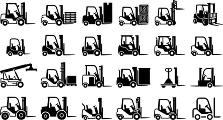 Fototapeta premium Forklift Icons Vector Set with Industrial Warehouse Trucks, Cargo Lifting Vehicles and Logistics Equipment Silhouettes