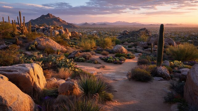 Wide view of arid mountains, saguaros, and desert valley near Glendale
