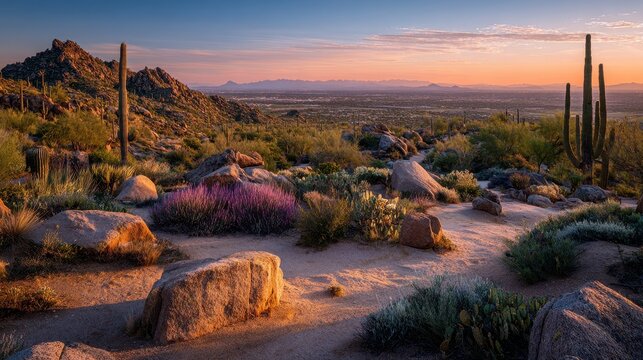 Sunset over a quiet desert landscape with cacti and distant lights