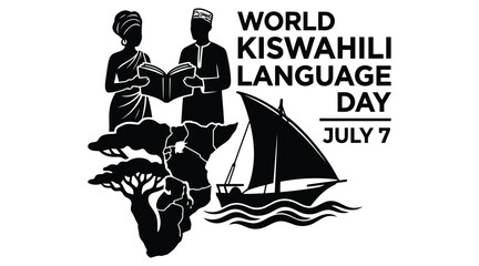 Africa silhouette with readers and sailboat black and white graphic © Ziaul_Studio