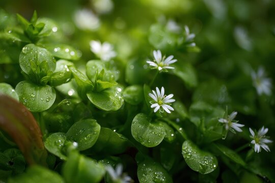 Soft-focused macro scene of chickweed clusters and tiny blossoms among green foliage