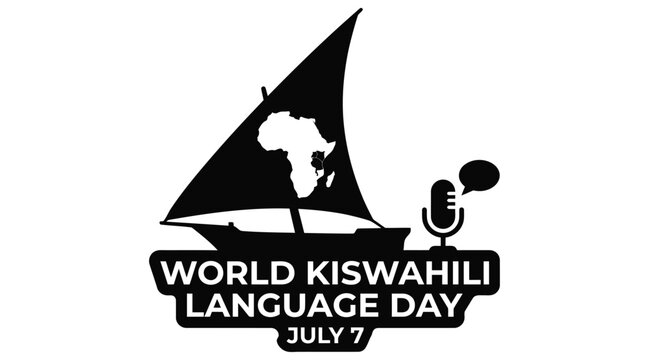 Sailing ship silhouette with africa map and microphone white background