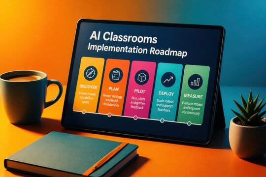 AI classroom implementation roadmap on tablet desk with planning tools