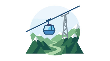 Cable car travels over mountain peaks at sunrise beside a serene lake © Langgeng Maryadi
