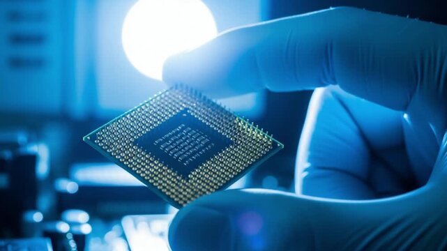 Closeup of a gloved hand holding a computer processor chip in a hightech laboratory environment