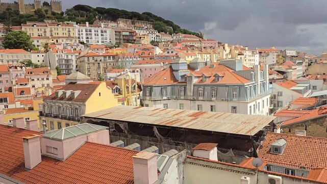Aerial view of Lisbon with the Saint George Castle (Sao Jorge Castle) in the background, Portugal