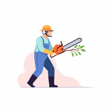 Arborist cutting tree branch with chainsaw. Flat design vector illustration of professional tree trimmer. Worker in safety gear isolated on white background