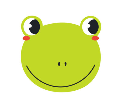 Cute little frog face illustration isolated. Kawaii cartoon character. Wild animal, baby animal, wildlife, nature, fauna. Kids print, design element, clip art. Hand drawn flat vector