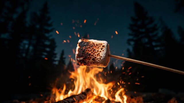 A perfectly golden-brown toasted marshmallow on a stick held over warm campfire flames with floating embers, depicting a classic summer vacation activity.