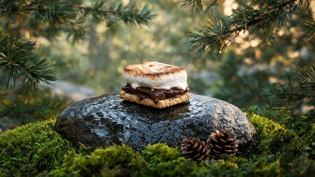 A neat, complete smore rests on a wet forest stone surrounded by green moss and pine cones, evoking a cozy woodland summer vacation treat.