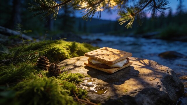 A complete smore sits on a wet river stone with pine needle shadows, set against a flowing stream and a soft twilight sky on a summer vacation.