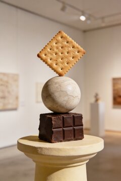 A vertical minimalist still life showing a square graham cracker balanced on a marble sphere and a dark chocolate block, representing modern art and summer vacation treats.