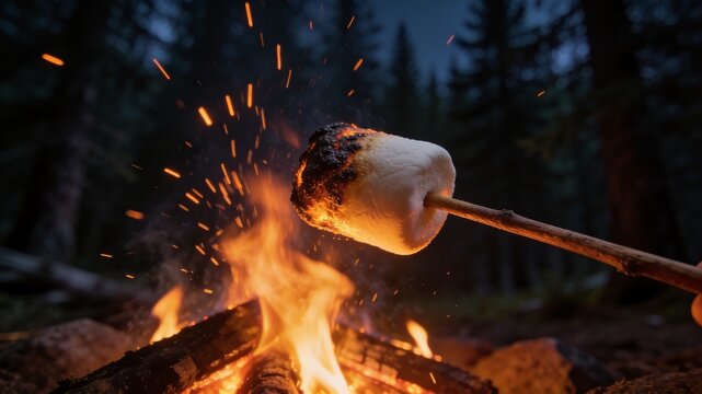 A single marshmallow on a wooden stick getting charred over hot campfire flames, with bright red-hot sparks flying in a dark summer vacation forest.