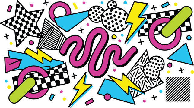 Memphis style abstract doodle pattern with geometric shapes, stars, zigzags, polka dots, and checkered patterns on white