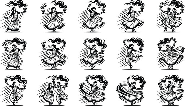 Set of black and white depicting indian classical dancers performing traditional movements with incense and smoke
