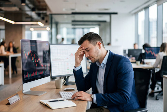 Ejecutivo estresado o trader preocupado mirando gr&aacute;ficos financieros de p&eacute;rdidas en la oficina, concepto de crisis econ&oacute;mica y estr&eacute;s laboral.
