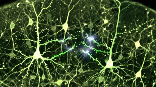 Microscopy-style scene of layered cerebral cortex with bright excitatory pyramidal neurons, dimmer surrounding interneurons, and a broken gene-editing strand showing ZMYND11 loss. Calcium imaging glow