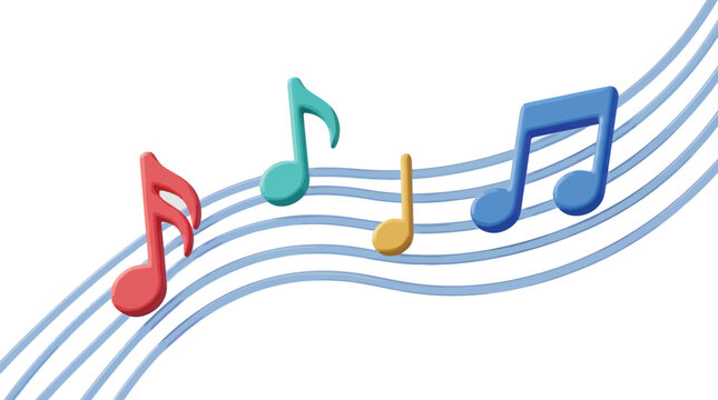 Vibrant colorful music notes floating over wavy staff lines in this creative digital vector illustration design