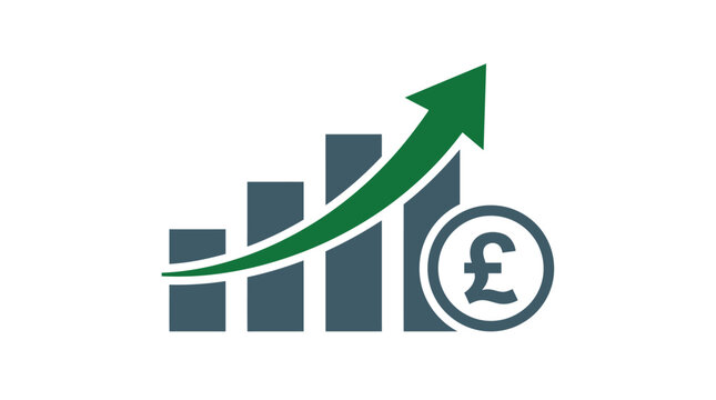 Minimalist vector illustration showing a rising bar chart with a green arrow and pound symbol