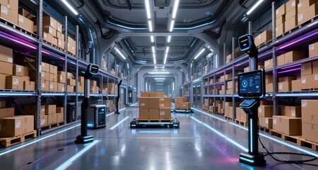 Fototapeta premium Futuristic Warehouse with Packages and Scanners 