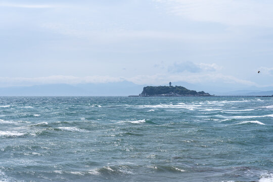 Enoshima island Sea view from afar, sea candle in the distance. Japan