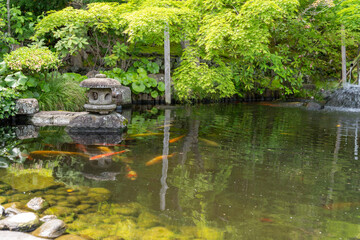 Fototapeta premium Beautiful Japanese garden with a stone pagoda and koi fish pond