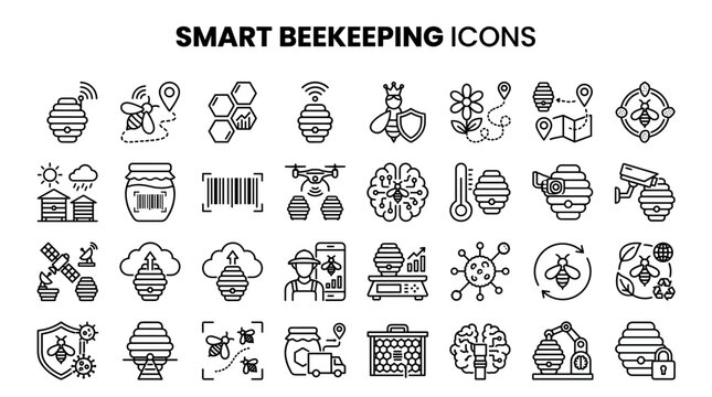 Set of vector line icons depicting smart beekeeping, apiary monitoring, bee health technology, hive automation, digital tracking, and modern apiculture concepts for agricultural management.