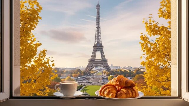 A scenic view of the eiffel tower from a window with a cup of coffee and fresh croissants in autumn