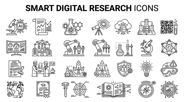 A collection of smart digital research icons featuring laboratory equipment, AI, data analysis, and scientific innovation. Clean vector line art perfect for technical UI designs.