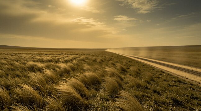 Vast grassland with dry feather grass under a dramatic sky. A dirt road kicks up dust as a vehicle drives by. Untamed nature and open space.