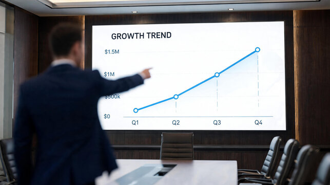 Businessman pointing at growth trend chart screen in boardroom meeting, business, growth, presentation, finance, quarterly report success.