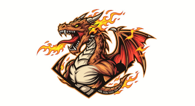 Fiery dragon illustration with flames and open mouth on white background