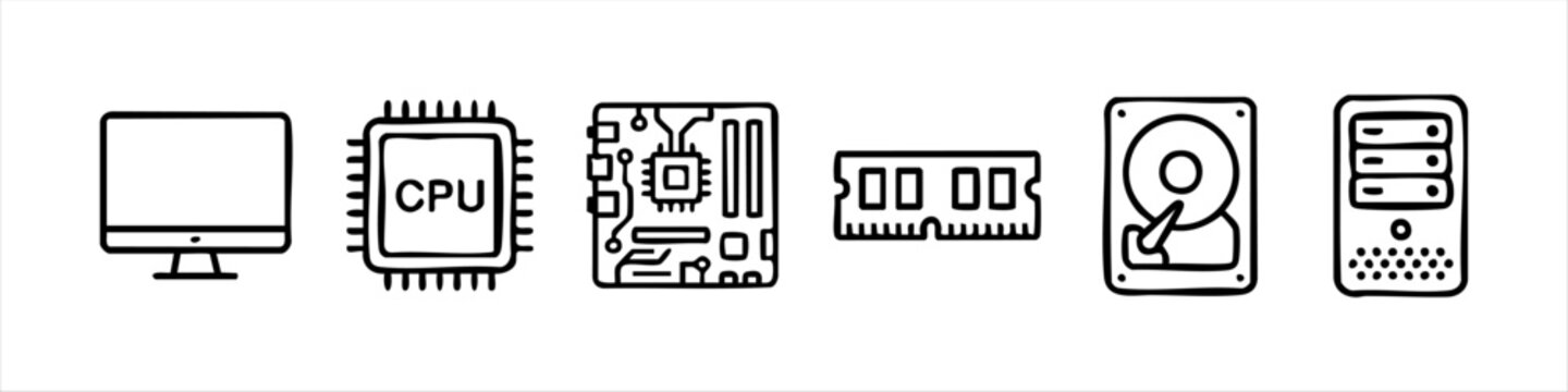 Set of hand-drawn computer hardware icons featuring a monitor, CPU, motherboard, RAM, hard drive, and server. Minimalist black outline doodle style for IT, technology, and computing concepts.