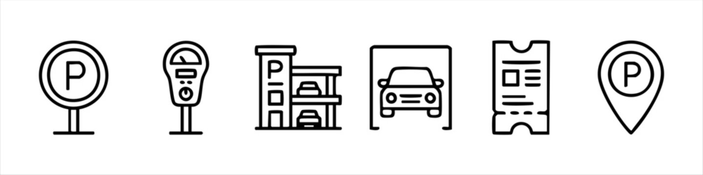 Set of minimalist black line icons representing various car parking services, including signs, meters, multi-story garages, tickets, and location markers for urban transportation themes.