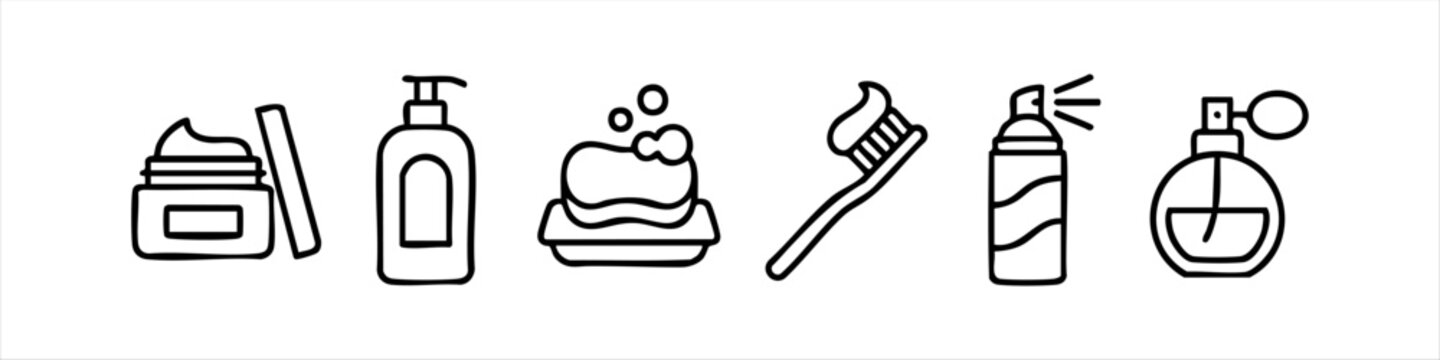 Set of hand-drawn line icons for personal care and hygiene: cream jar, soap pump, soap bar, toothbrush, spray, and perfume. Ideal for bathroom essentials, beauty, and wellness branding.
