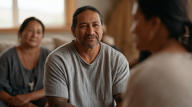 Pacific Islander veteran survivor group sits in a semicircle in a warmly lit community health room, a female facilitator at the front, the gathering holding grief and recovery