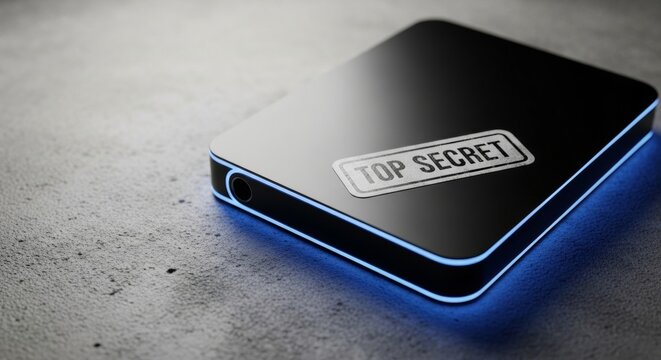 Secure external SSD with 'TOP SECRET' stamp, representing confidential data storage in a dramatic, high-tech industrial setting with blue rim lighting.