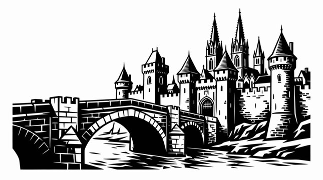 Medieval castle fortress with stone bridge landscape illustration.