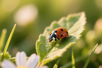 Fototapeta premium Ladybug on the grass close-up macro.